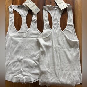 Zara White Ribbed Tank Tops